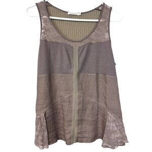 Maloka Mixed Media Linen Cotton Blend Ribbed Feminine Boho Tank Top Taupe  S - M